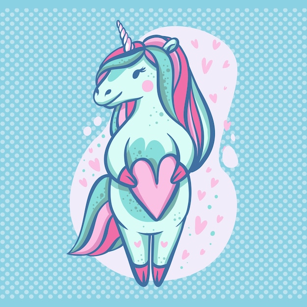 Premium Vector | Beautiful ight blue unicorn with a heart in his hands ...