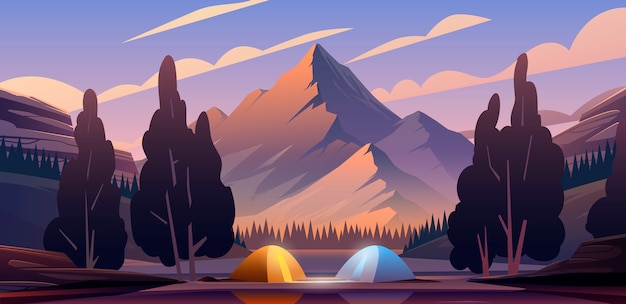 Premium Vector | Beautiful illustration. the camping place into mountains.