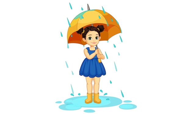 雨の中で傘が立っているかわいい女の子の美しいイラスト プレミアムベクター