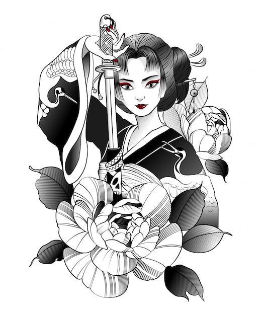 Beautiful japanese geisha with sword in hand | Premium Vector