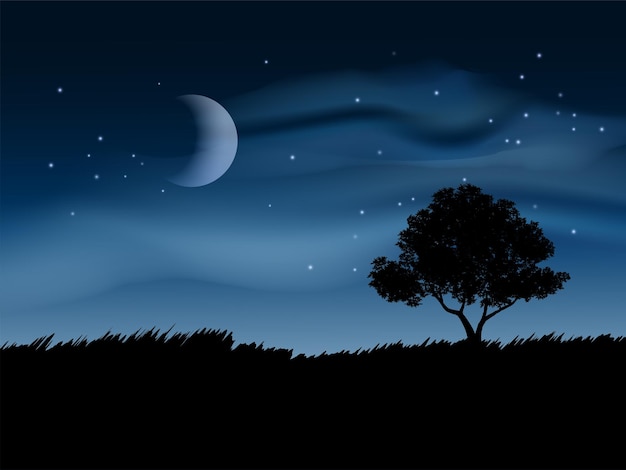 Premium Vector | Beautiful landscape of night with tree moon and clouds