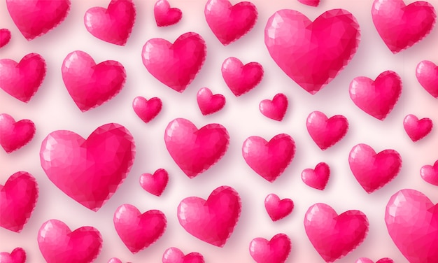 美しい愛の壁紙 パステルピンクの背景の上面にピンクのクリスタルハート 低ポリバレンタインデーのシンボル 図 プレミアムベクター