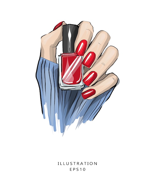 Beautiful manicure red nails nail polish in hand Premium Vector