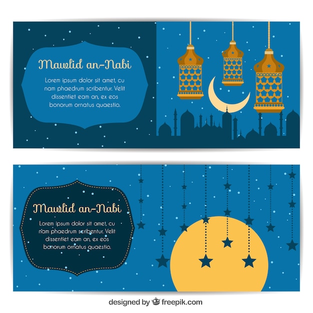 Beautiful mawlid banners of lanterns and stars Free Vector