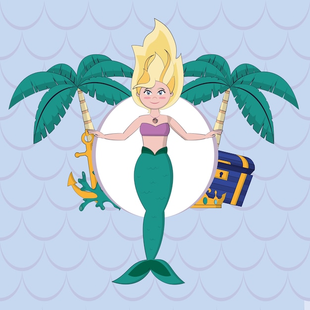 Beautiful mermaid with palms chest and anchor vector ...