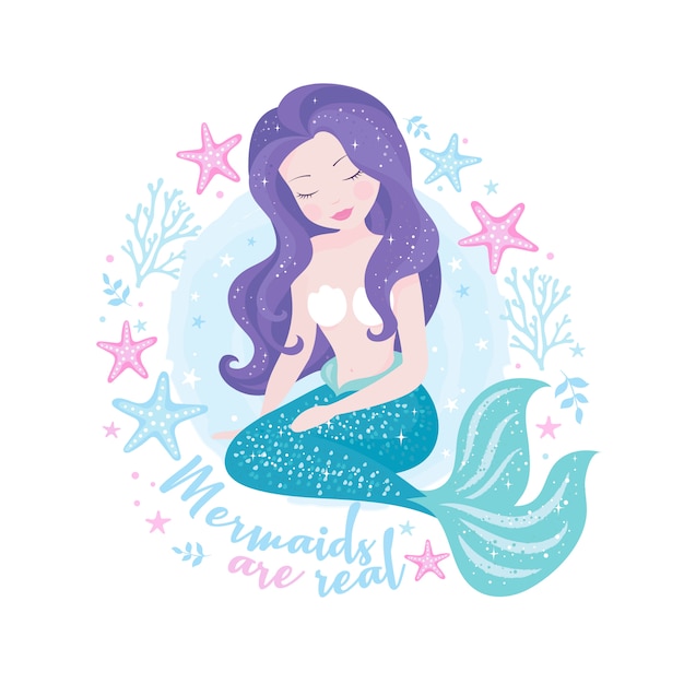 Beautiful Mermaid With Purple Hair Premium Vector