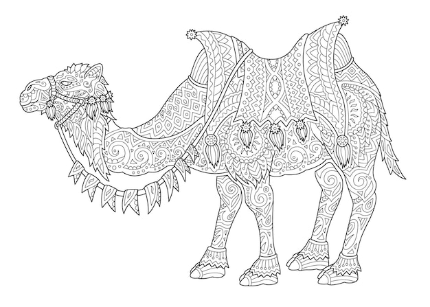白い背景で隔離の定型化されたラクダのシルエットと大人の塗り絵ページの美しいモノクロ線形ベクトルイラスト プレミアムベクター
