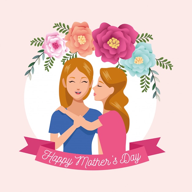 Download Beautiful mother with daughter and floral frame mothers day card | Premium Vector