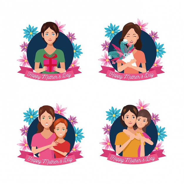Download Beautiful mother with daughter and floral frames mothers day card | Premium Vector