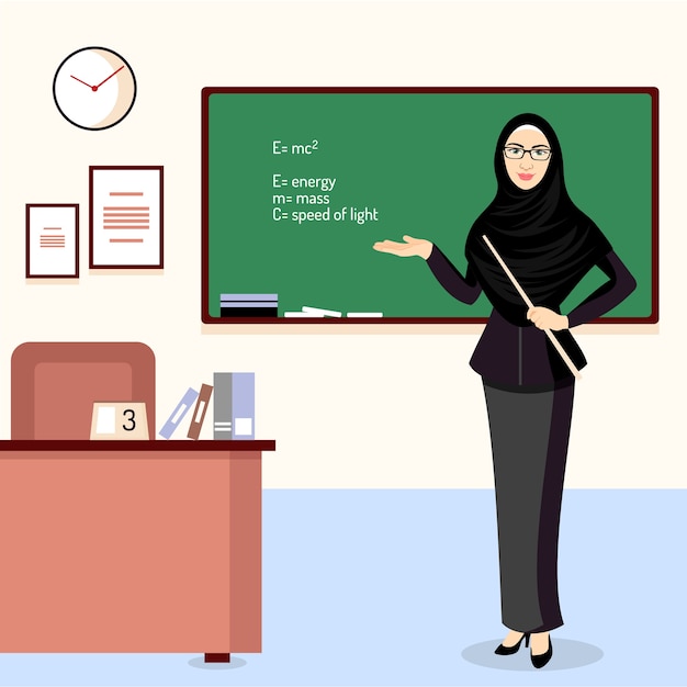 Premium Vector | Beautiful muslim teacher with hijab illustration