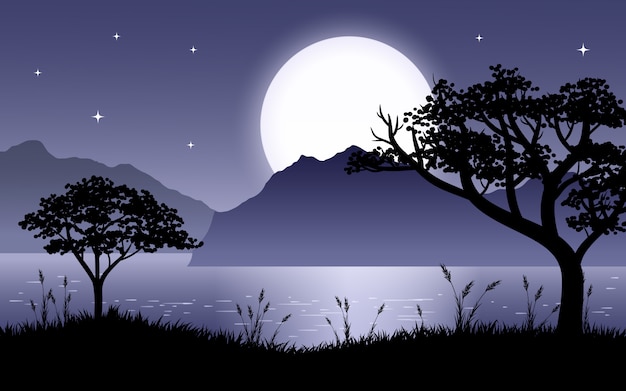 Premium Vector | Beautiful night scene at lake with silhouette of trees