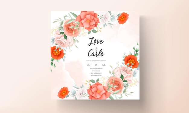 美しいオレンジ色の花の結婚式の招待カードのテンプレート 無料のベクター