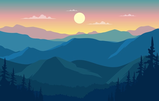 Beautiful pine forest mountain panorama landscape flat illustration