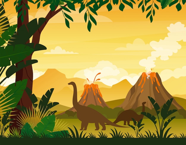 Beautiful prehistoric landscape and dinosaurs. tropical trees and ...