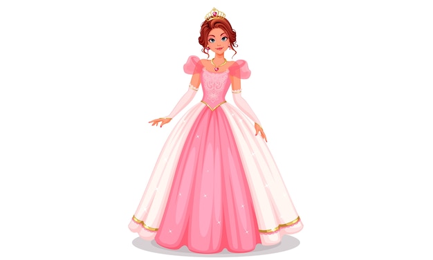 美しい長いピンクのドレスのイラストに立っている美しい王女 プレミアムベクター