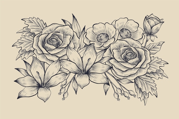 美しいリアルな手描きのヴィンテージの花の花束 無料のベクター