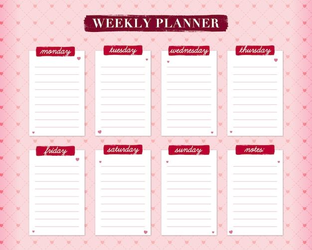 Free Vector | Beautiful red and pink weekly planner with hearts