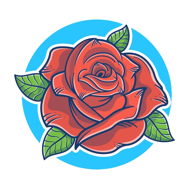 美しいバラの花のイラスト レッドローズのロゴのコンセプト バラの花のマスコットのロゴ フラットな漫画のスタイル プレミアムベクター