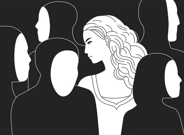 Premium Vector | Beautiful sad long-haired woman surrounded by black silhouettes of people without faces.