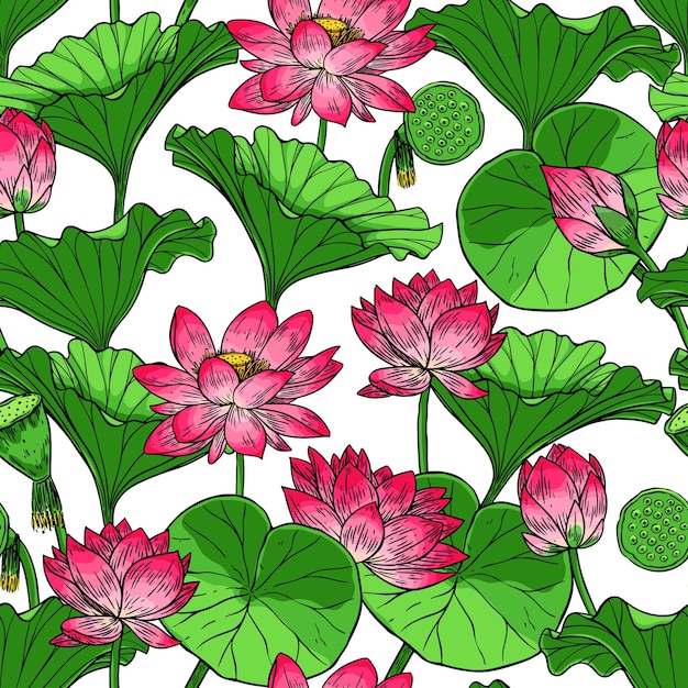 Premium Vector Beautiful Seamless Background Of Lotus Flower And Leaves Hand Drawn Illustration 0962