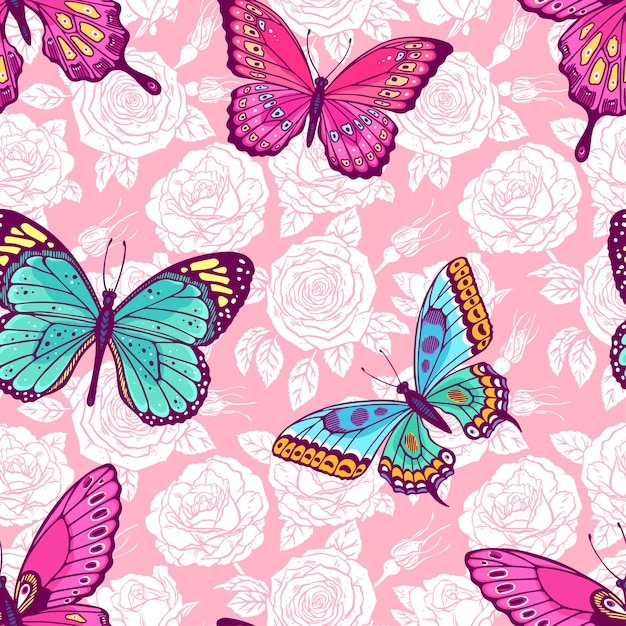 バラと色とりどりの蝶の美しいシームレスパターン 手描きイラスト プレミアムベクター