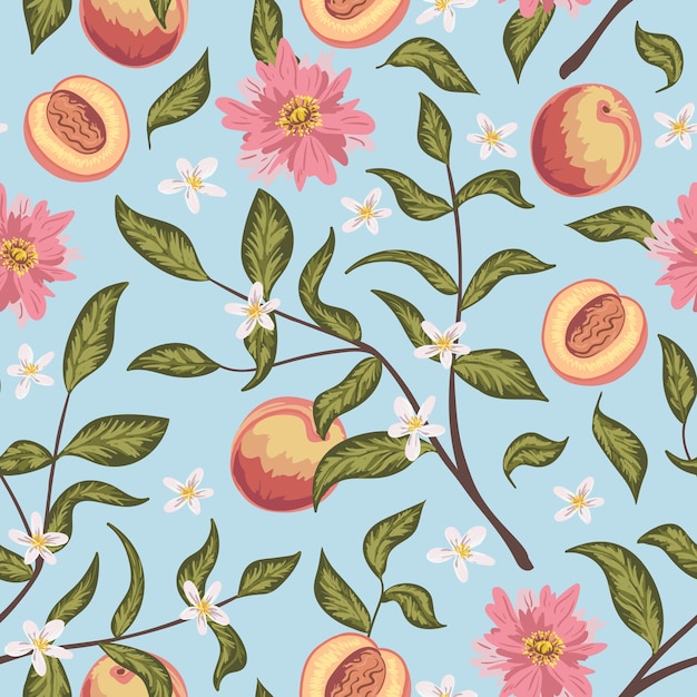 Premium Vector Beautiful Seamless Pattern With Peach Flowers And Branch Colorful Hand Drawn Wallpaper