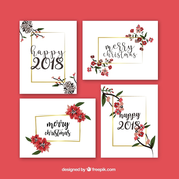 Free Vector Beautiful Set Of New Year Greeting Cards With Flowers