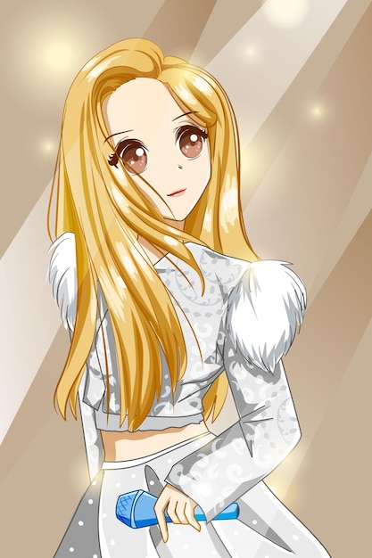 白いドレスのデザインのキャラクターの漫画イラストと美しい歌手の女の子 プレミアムベクター