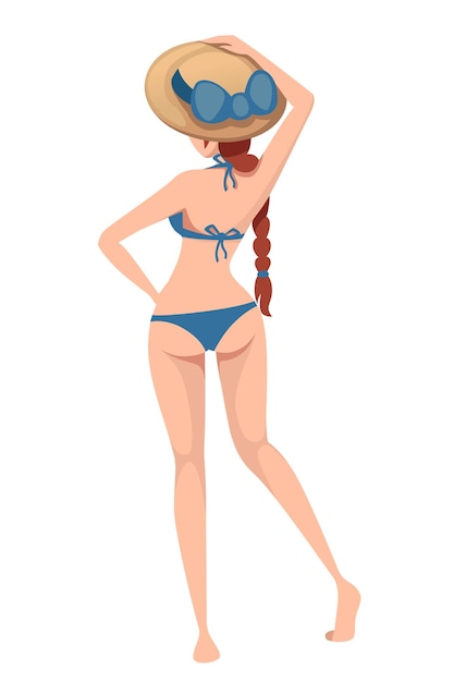 帽子の後ろ姿の漫画のキャラクターデザインのイラストと水着で美しいほっそりした女性 プレミアムベクター