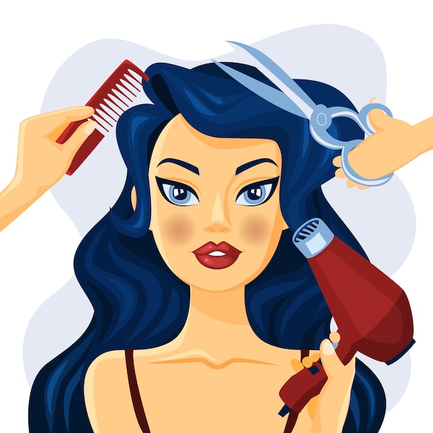 Download Premium Vector | Beautiful smiling woman in hair salon. hands with scissors, brush and fan ...