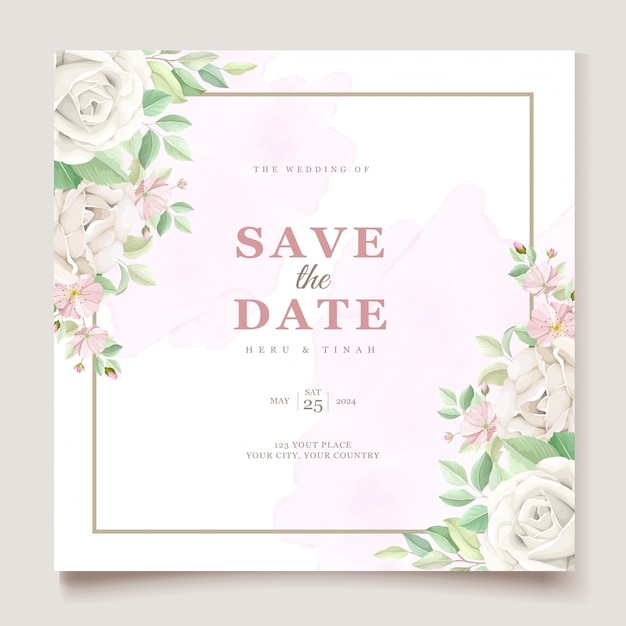 Kartu undangan pernikahan bunga dan daun lembut yang indah mengatur Vektor Gratis
