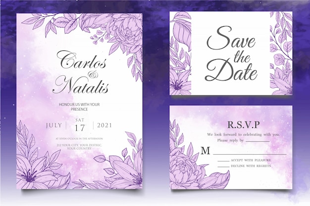 Premium Vector | Beautiful splash and floral lineart wedding card template