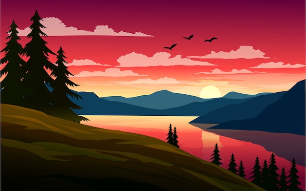 Download Premium Vector | Beautiful sunset in lake with hills and ...