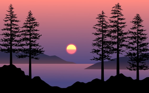 Premium Vector Beautiful Sunset Scene With Pine Tree Silhouette