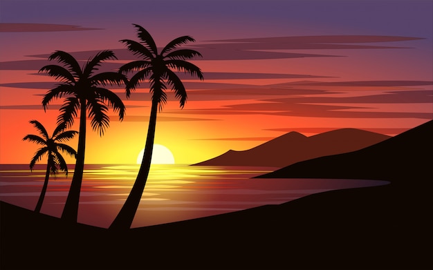 Premium Vector Beautiful Sunset In The Tropical Beach