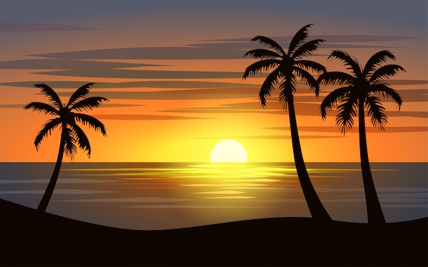 Premium Vector Beautiful Sunset In Tropical Beach