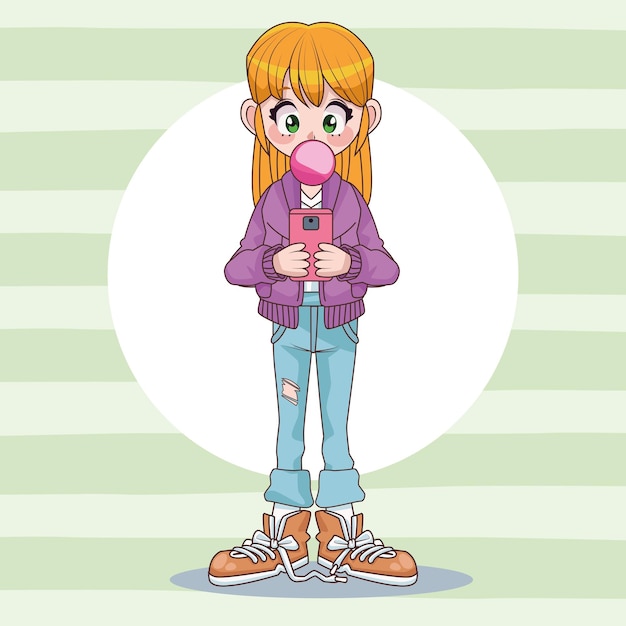 Bubleガムアニメキャラクターイラストでスマートフォンを使用して美しい10代の少女 プレミアムベクター