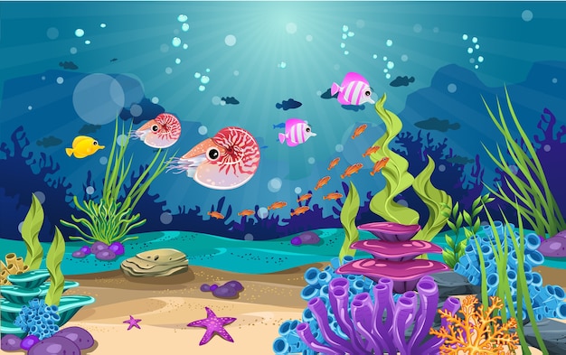 美しい水中 様々な種類の魚 サンゴ礁 藻類が含まれます プレミアムベクター