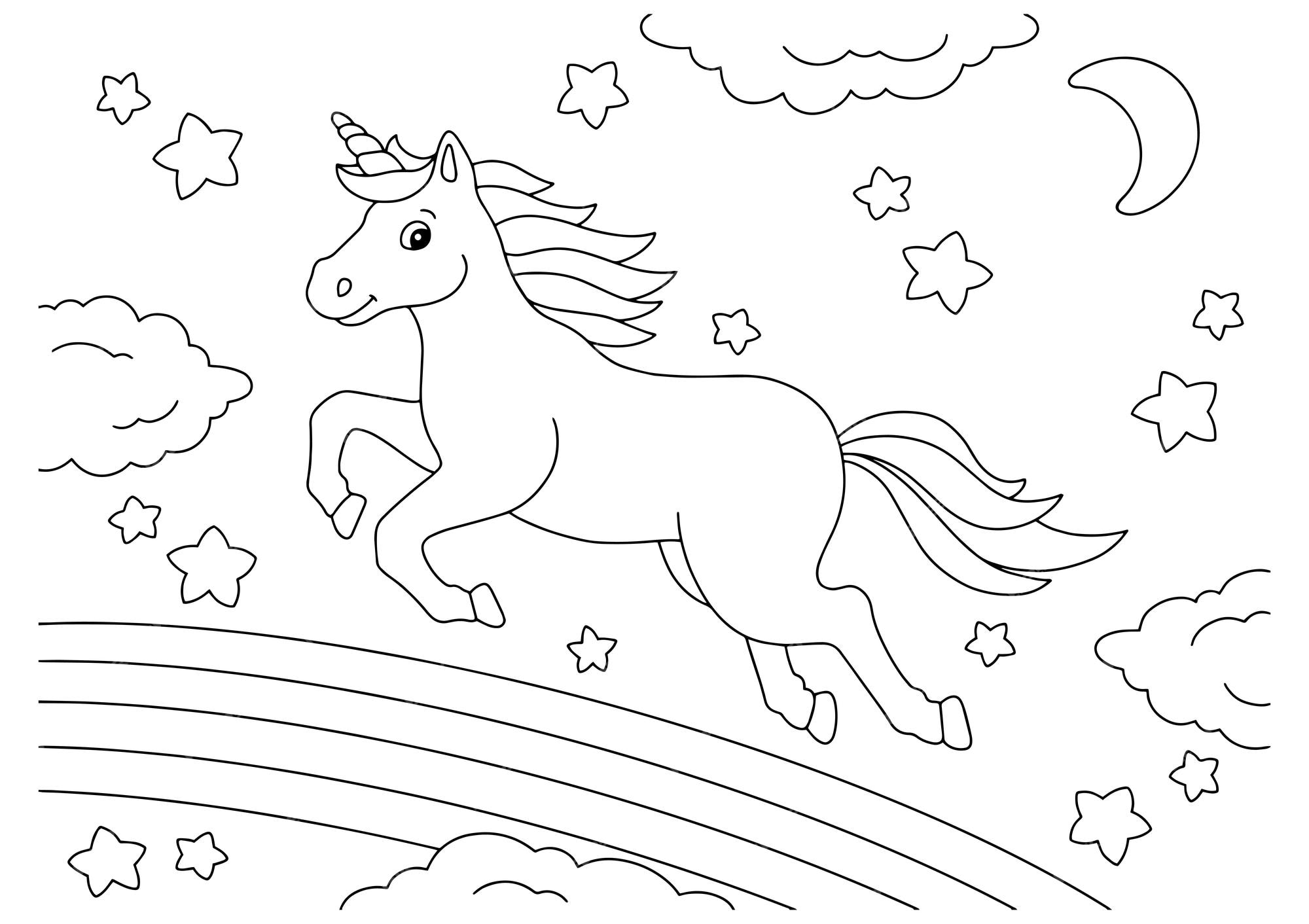 Premium Vector | A beautiful unicorn jumps on a rainbow. coloring book ...