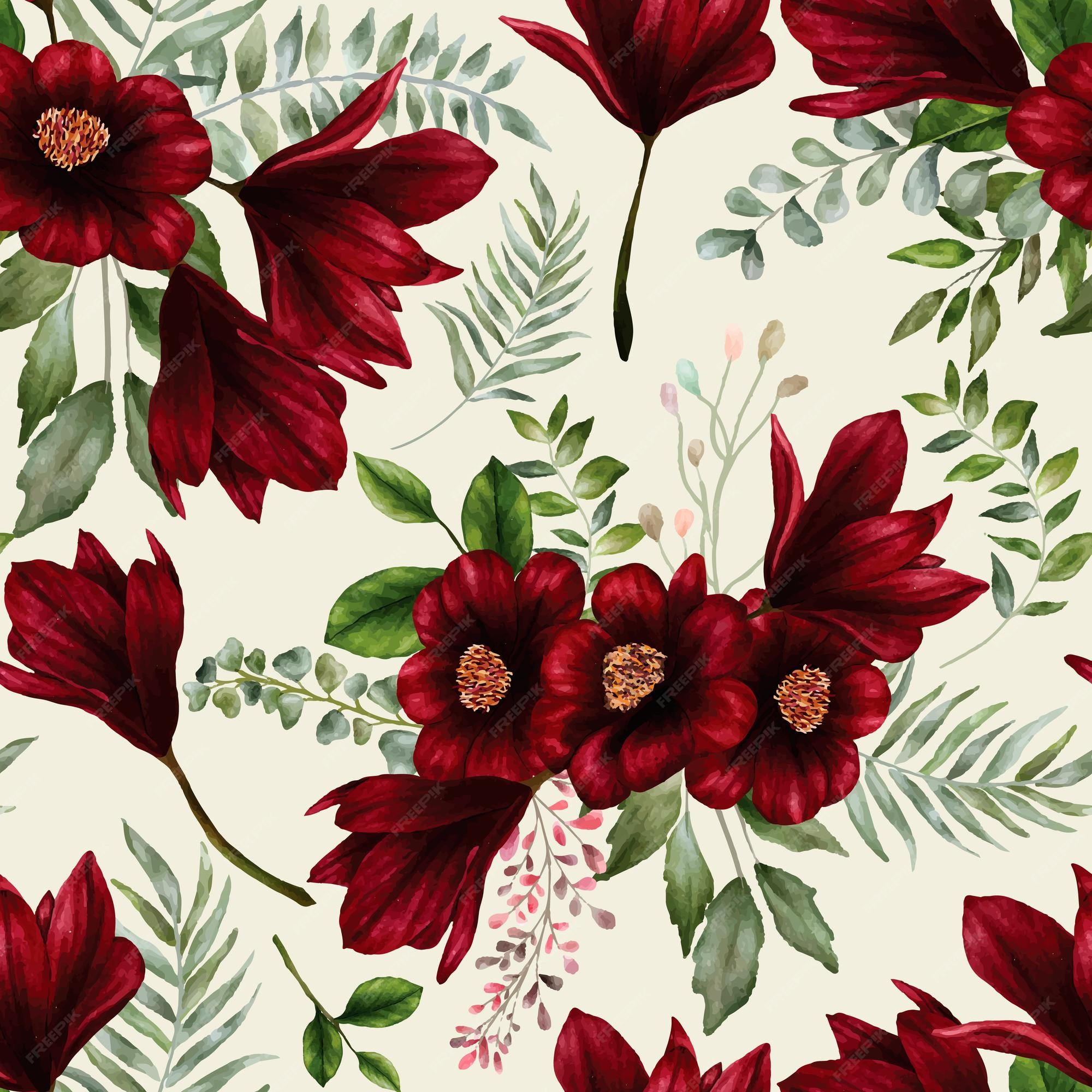 Premium Vector | Beautiful watercolor red flower seamless pattern