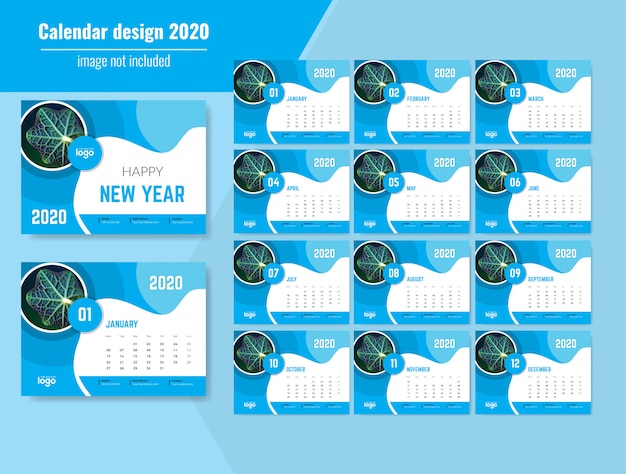 Beautiful wavy desk calendar 2020 Premium Vector