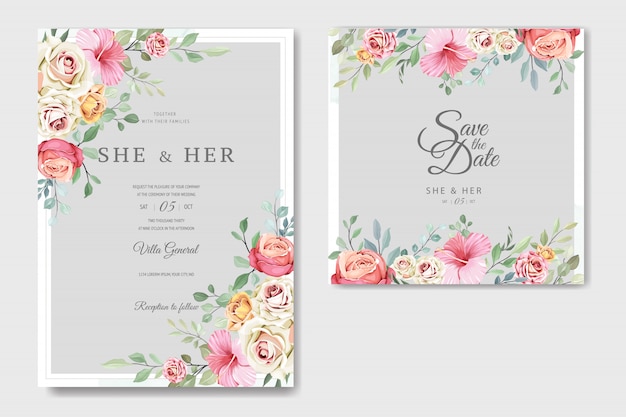 Beautiful wedding card in elegant roses template Premium Vector