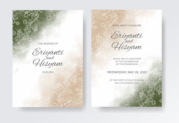 Premium Vector Beautiful Wedding Card Watercolor Background With Splash And Floral Lines