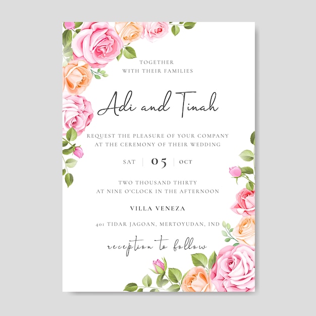 Premium Vector | Beautiful wedding card with flowers and leaves