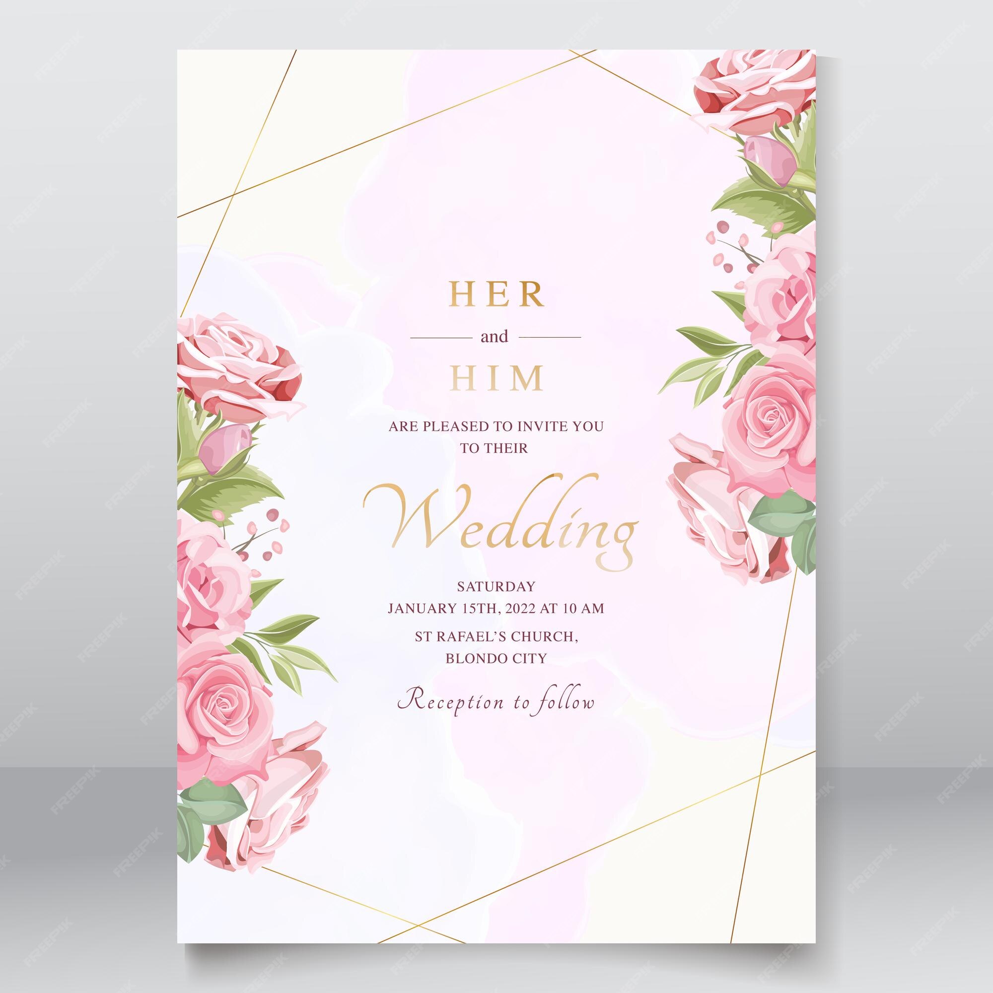 Premium Vector | Beautiful wedding card with pink roses template