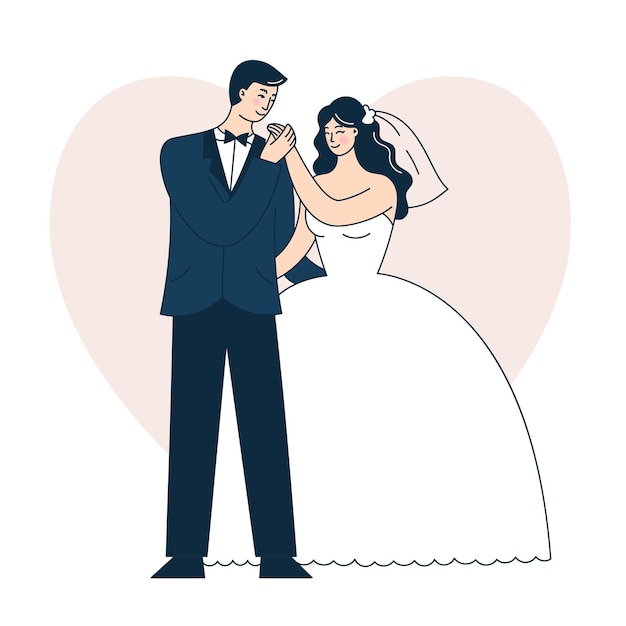 美しい結婚式のカップル 新郎新婦 落書きベクトルイラスト プレミアムベクター