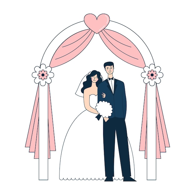 アーチの下の美しい結婚式のカップル 新郎新婦 お祝いの装飾 落書きベクトルイラスト プレミアムベクター