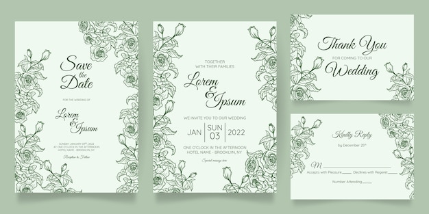 Beautiful wedding invitation card template set with floral frame Premium Vector