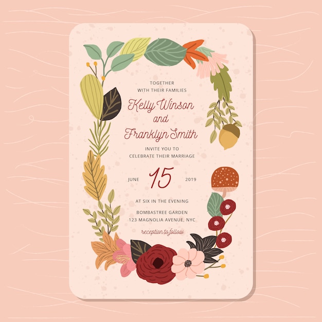 Premium Vector | Beautiful wedding invitation with autumn floral frame