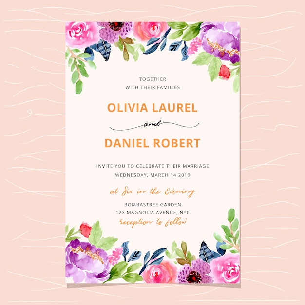 Premium Vector | Beautiful wedding invitation with watercolor floral ...